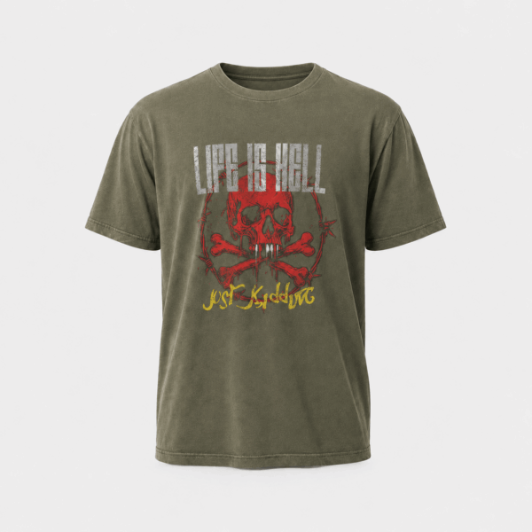 BC10830 men’s olive green solid color crew neck T-shirt, front view with short set-in sleeves and straight hem