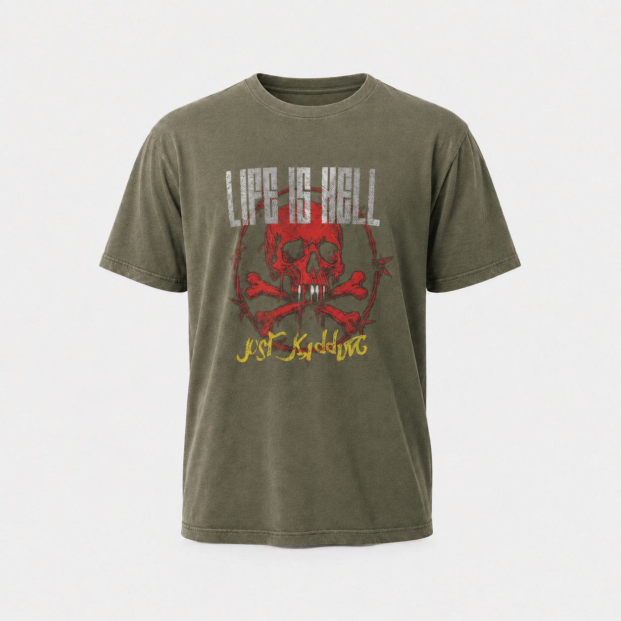 BC10830 men’s olive green solid color crew neck T-shirt, front view with short set-in sleeves and straight hem