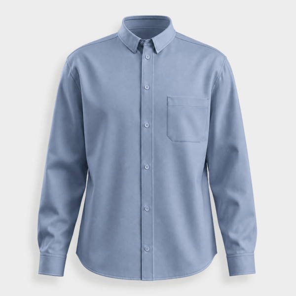 BC11481 men’s solid color button-front shirt in Dusty Blue, front view with long set-in sleeves, chest pocket, and button placket