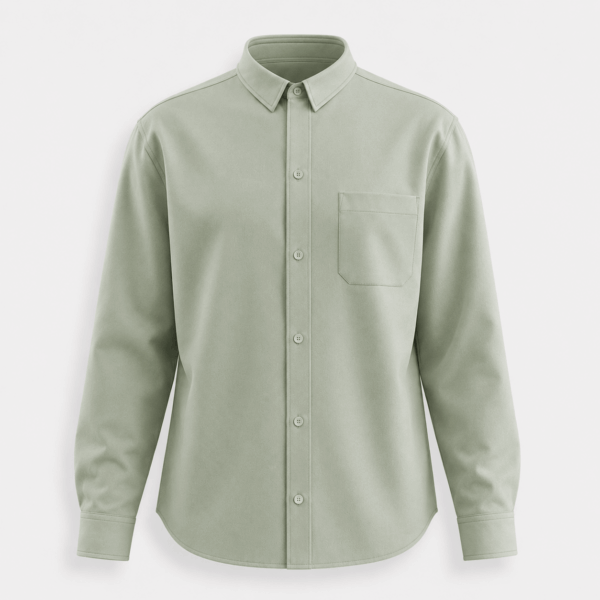 BC11481 men’s solid color button-front shirt in Sage Green, front view with turn-down collar, smooth woven texture, and chest pocket