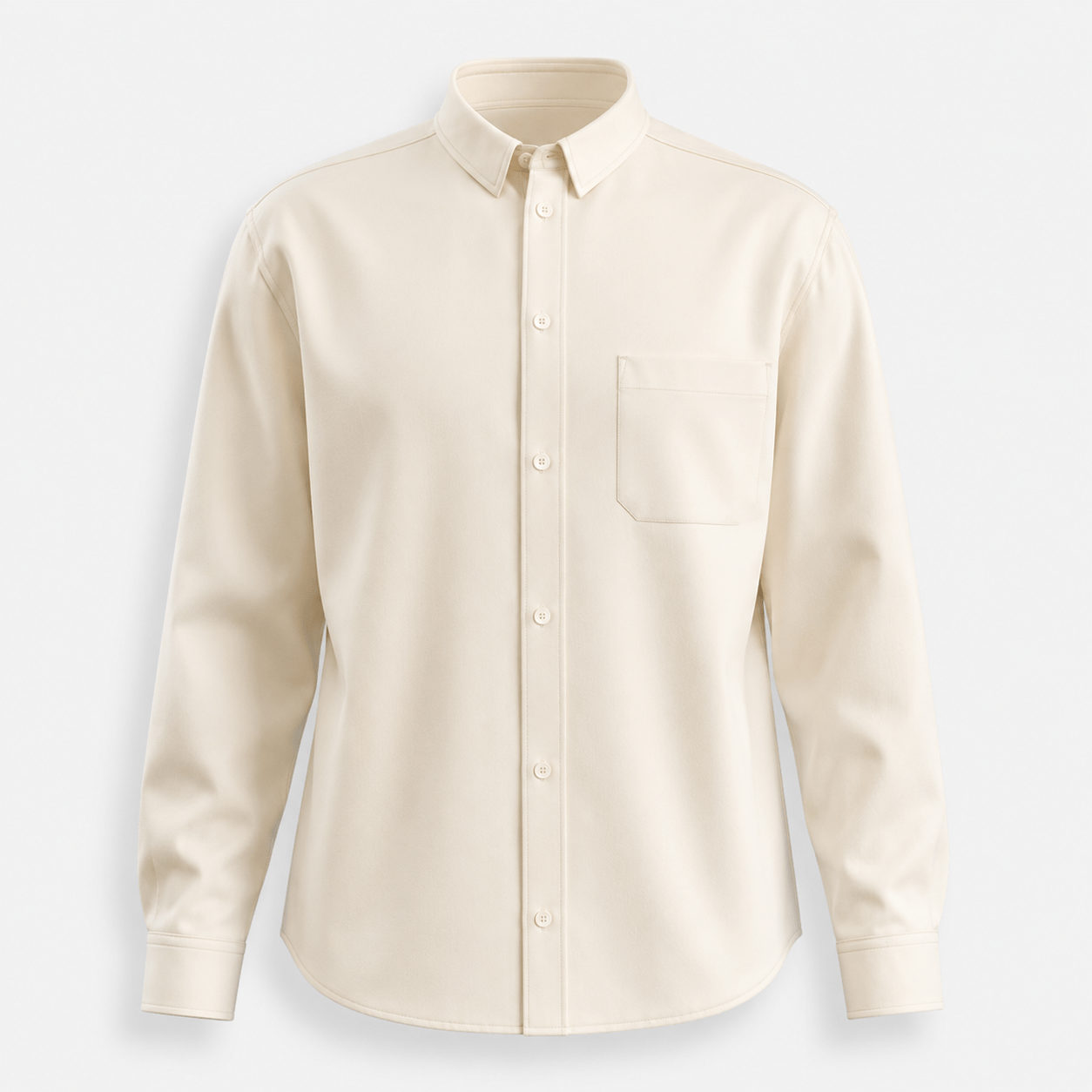 BC11481 men’s solid color button-front shirt in Warm Ivory, front view with turn-down collar, chest pocket, and button placket