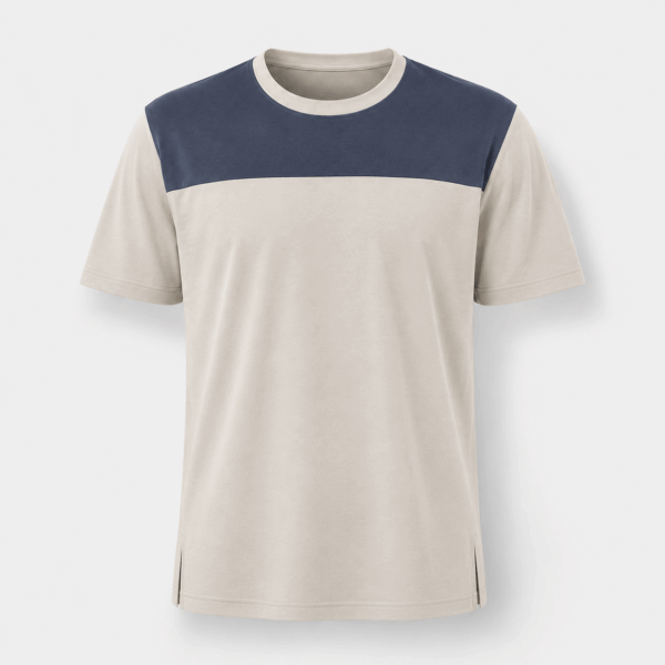 BC11617 men's color block crew neck T-shirt, front view in cream and navy with ribbed neck and short sleeves