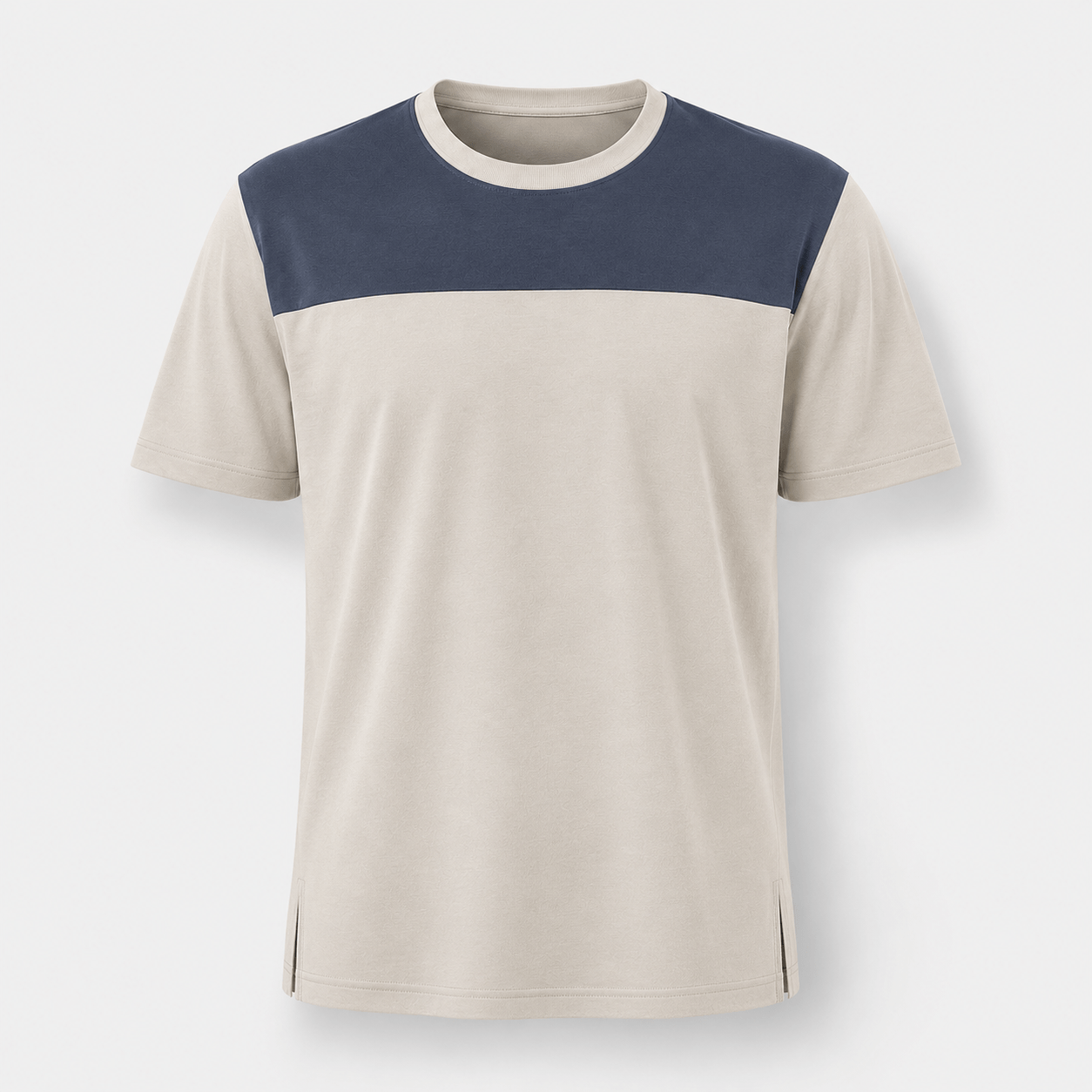 BC11617 men's color block crew neck T-shirt, front view in cream and navy with ribbed neck and short sleeves
