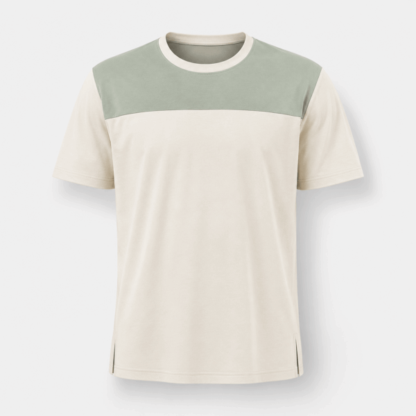 BC11617 men's color block crew neck T-shirt, front view in cream and olive green with ribbed neck and short sleeves