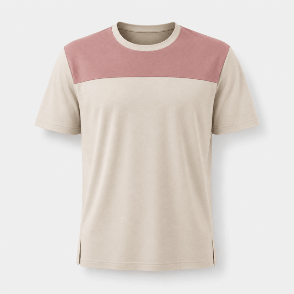 BC11617 men's color block crew neck T-shirt, front view in cream and pink with ribbed neck and short sleeves