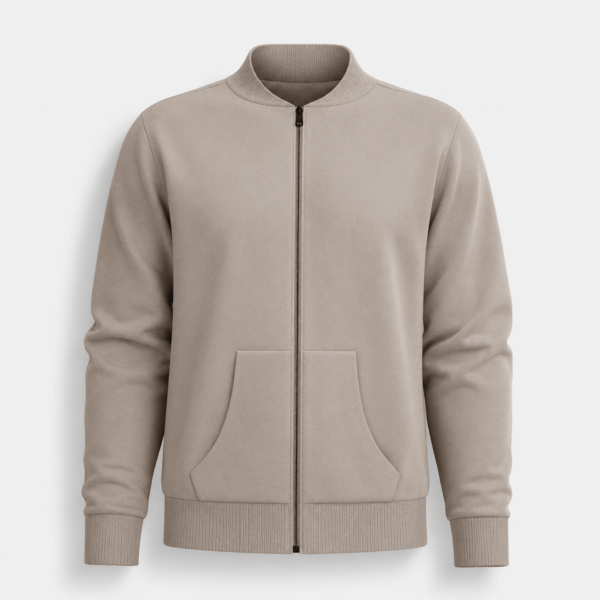 BC11852 men’s deep taupe bomber jacket, front view with ribbed collar, zipper, and hand pockets
