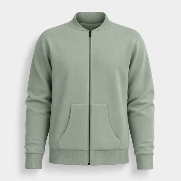 BC11852 men’s light greige bomber jacket, front view with ribbed stand collar, full zipper, and hand pockets