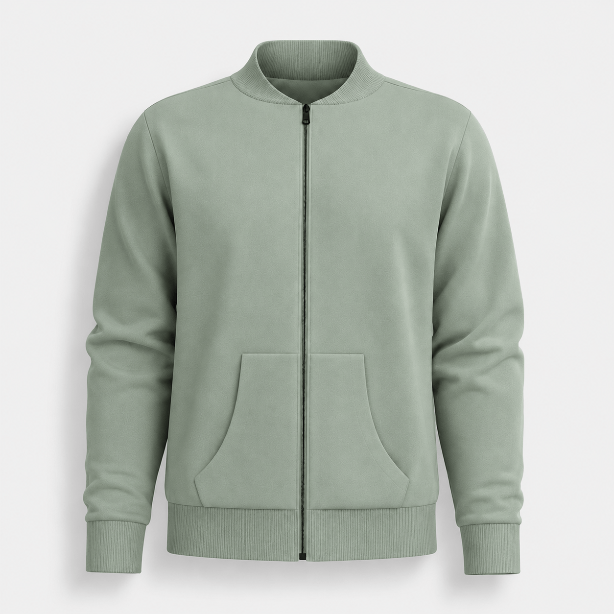 BC11852 men’s light greige bomber jacket, front view with ribbed stand collar, full zipper, and hand pockets