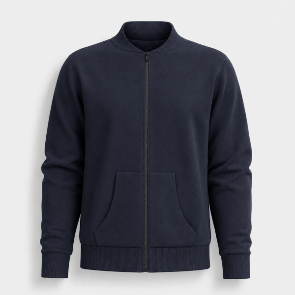 BC11852 men’s washed navy bomber jacket, front view with ribbed collar, zipper, and hand pockets
