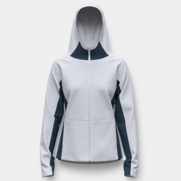 BC12032 women's color block full-zip hooded jacket in Gray, front view with white body, navy side panels, hood, and full zipper