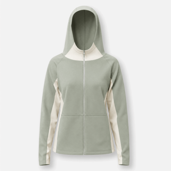 BC12032 women's color block full-zip hooded jacket in Olive, front view with large hood, zipper, raglan sleeves, and contrast panels