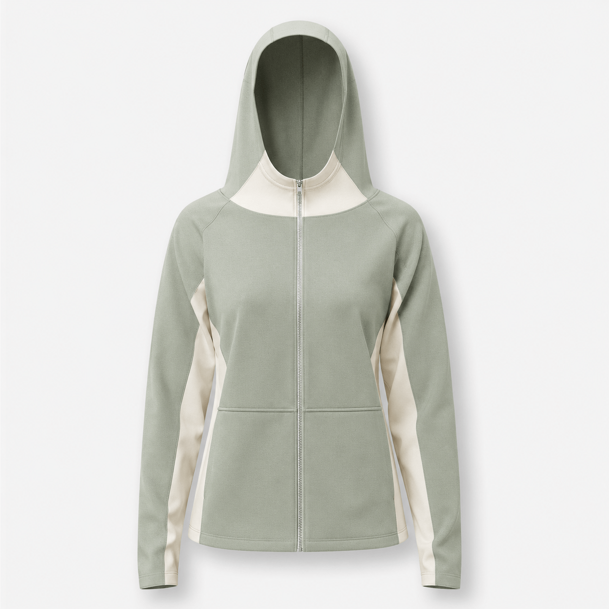 BC12032 women's color block full-zip hooded jacket in Olive, front view with large hood, zipper, raglan sleeves, and contrast panels