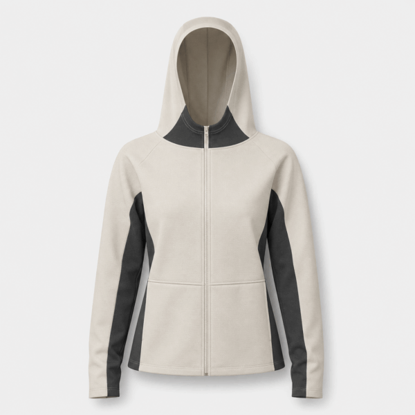 BC12032 women's color block full-zip hooded jacket in Peach, front view with cream body, charcoal side panels, hood, and full zipper