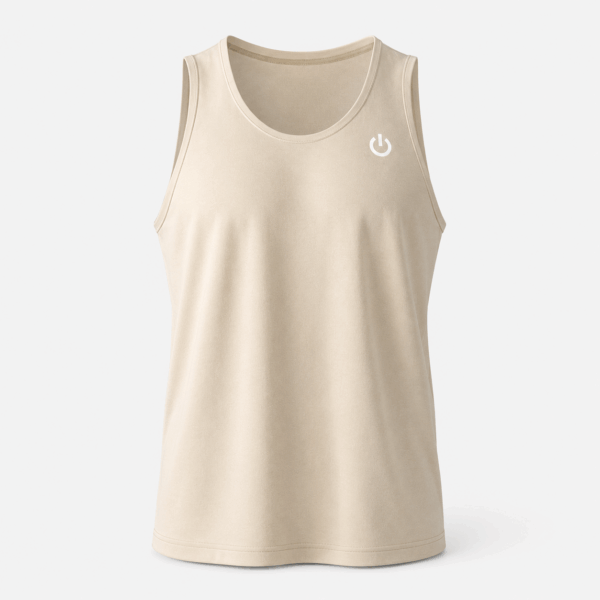 BC125462 men's performance tank top in Oat Beige, front view with round neckline, straight hem, and bound armholes
