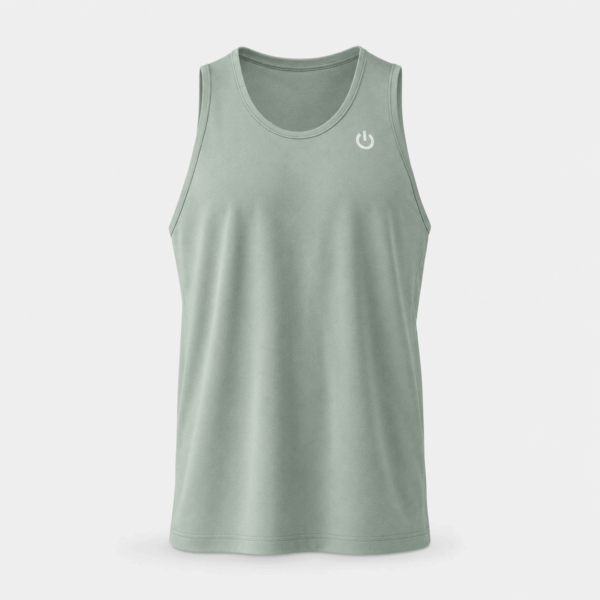 BC125462 men's performance tank top in Sage Green, front view with sleeveless cut, smooth fabric drape, and small chest logo