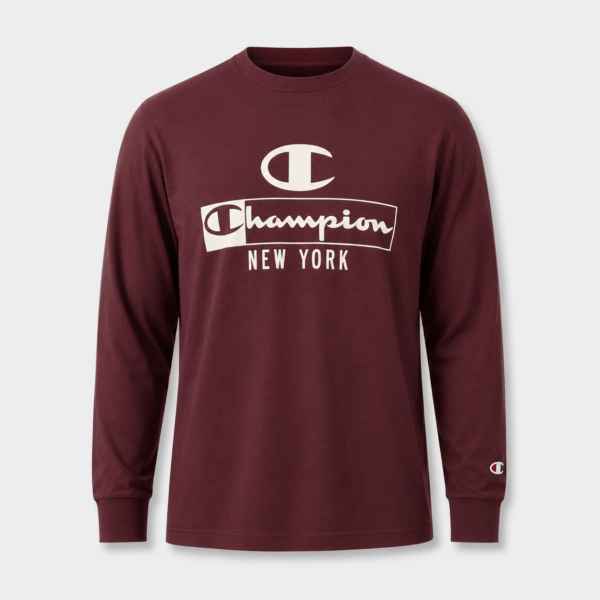 BC125564 men's Champion graphic long sleeve T-shirt in Burgundy, front view with crew neck, ribbed cuffs, and chest print