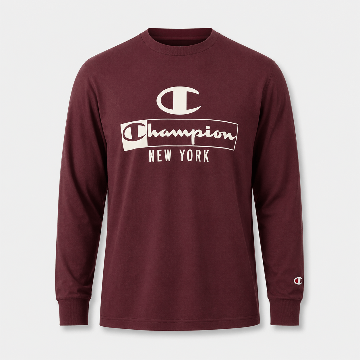 BC125564 men's Champion graphic long sleeve T-shirt in Burgundy, front view with crew neck, ribbed cuffs, and chest print