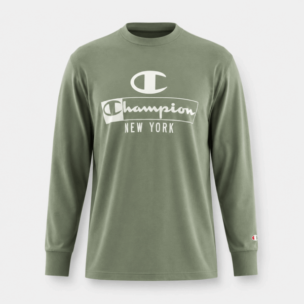 BC125564 men's Champion graphic long sleeve T-shirt in Olive Green, front view with round neck, long sleeves, and white chest logo