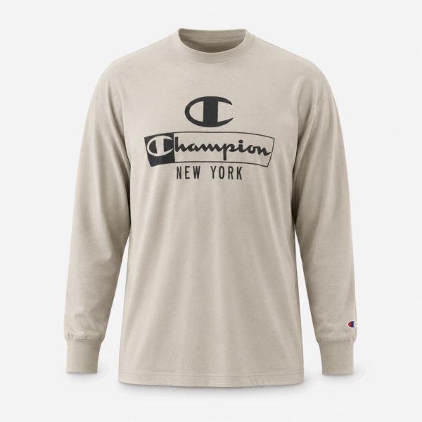 BC125564 men's Champion graphic long sleeve T-shirt in Beige, front view with ribbed cuffs, straight hem, and black chest print