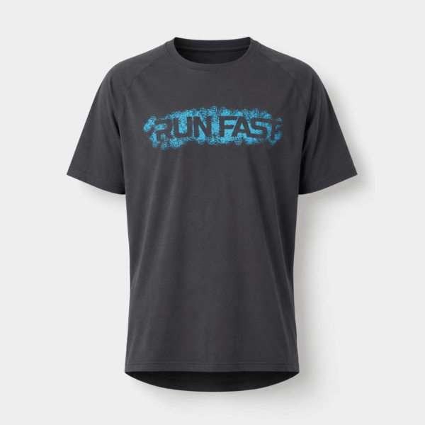 BC125599 men's Run Fast graphic performance T-shirt in Black, front view with crew neck, short sleeves, and blue chest print