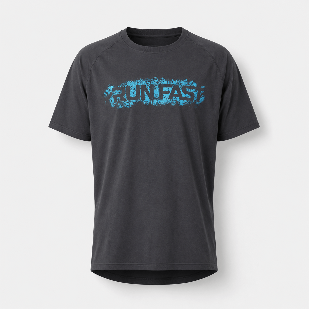 BC125599 men's Run Fast graphic performance T-shirt in Black, front view with crew neck, short sleeves, and blue chest print