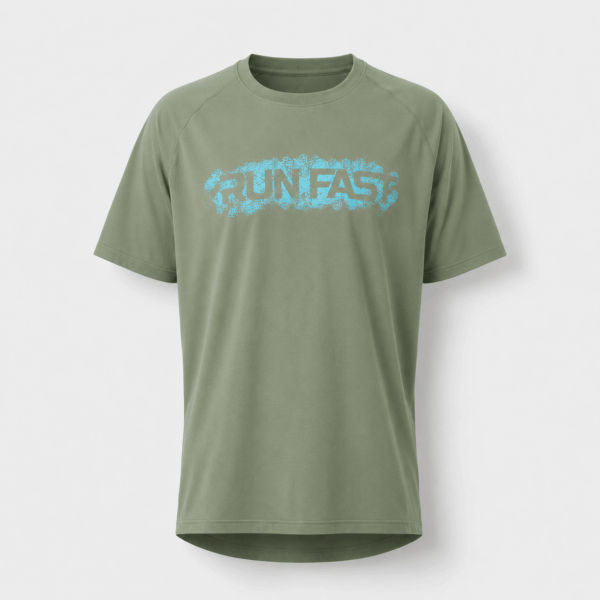 BC125599 men's Run Fast graphic performance T-shirt in Olive Green, front view with crew neck, curved hem, and blue RUN FAST print