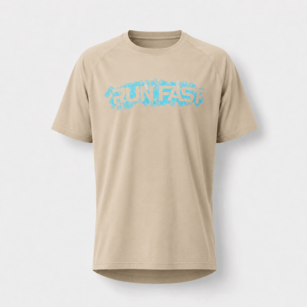 BC125599 men's Run Fast graphic performance T-shirt in Turquoise, front view with raglan-style seams and chest typography print