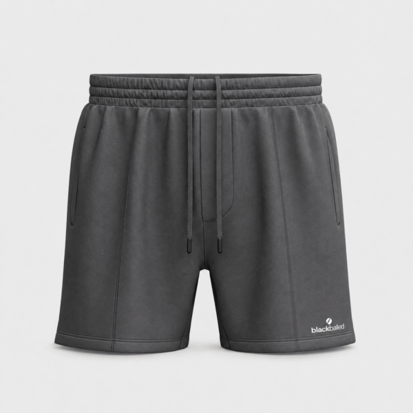 BC125685 men's drawstring athletic shorts in Charcoal Slate, front view with elastic waist, panel seams, and lower-leg logo