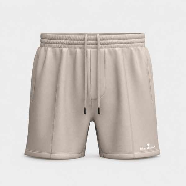 BC125685 men's drawstring athletic shorts in Oat Beige, front view with long drawcords, side pockets, and straight hem