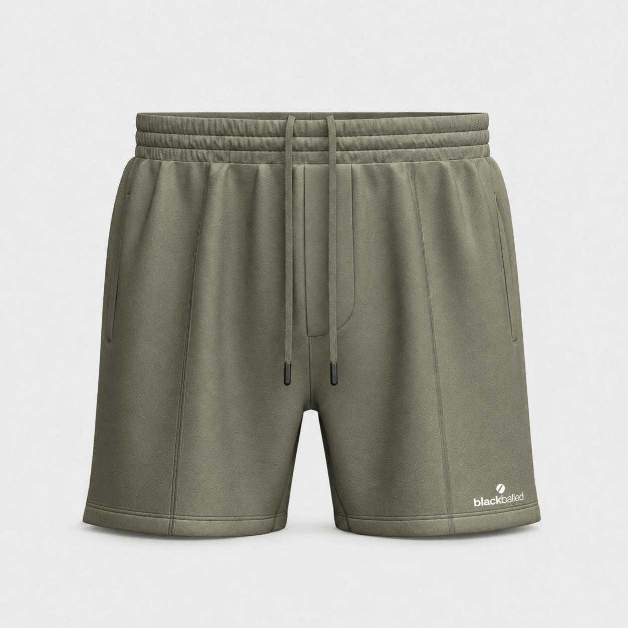 BC125685 men's drawstring athletic shorts in Sage Olive, front view with elastic waistband, side pockets, and lower-leg logo