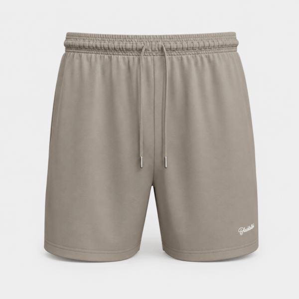 BC125686 men's drawstring casual shorts in Beige, front view with gathered waistband, metal-tipped drawcords, and straight hem