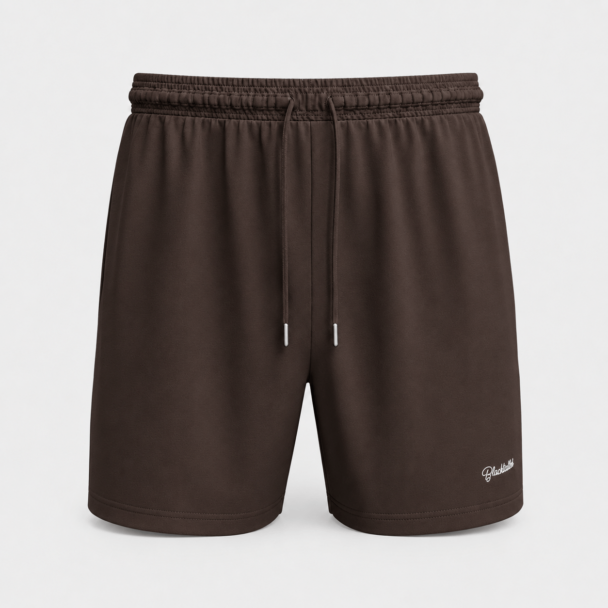 BC125686 men's drawstring casual shorts in Brown, front view with elastic waistband, long drawcords, and lower-leg logo