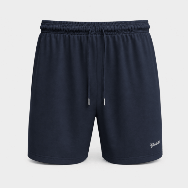 BC125686 men's drawstring casual shorts in Navy, front view with elastic waist, smooth solid body, and lower-leg logo