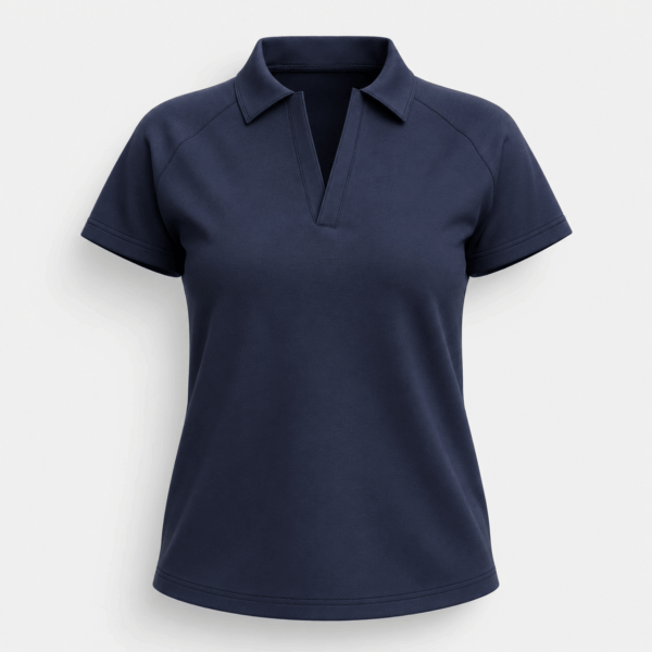 BC12916 women's short sleeve polo shirt in Midnight Navy, front view with raglan-style seams and open polo neckline