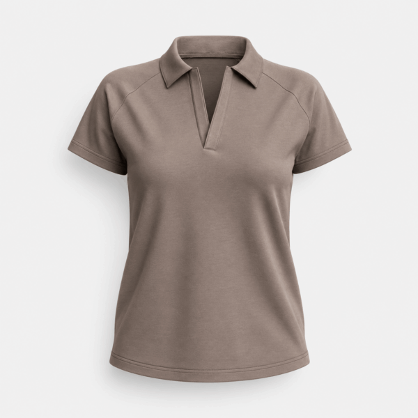 BC12916 women's short sleeve polo shirt in Mushroom Taupe, front view with spread collar and open V placket