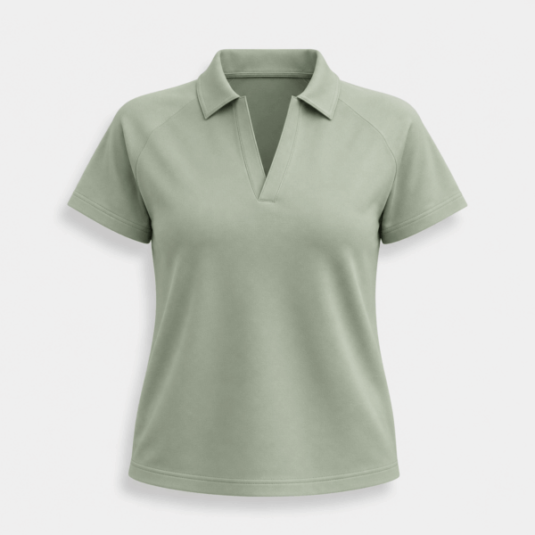 BC12916 women's short sleeve polo shirt in Sage Mist, front view with short sleeves and clean straight hem