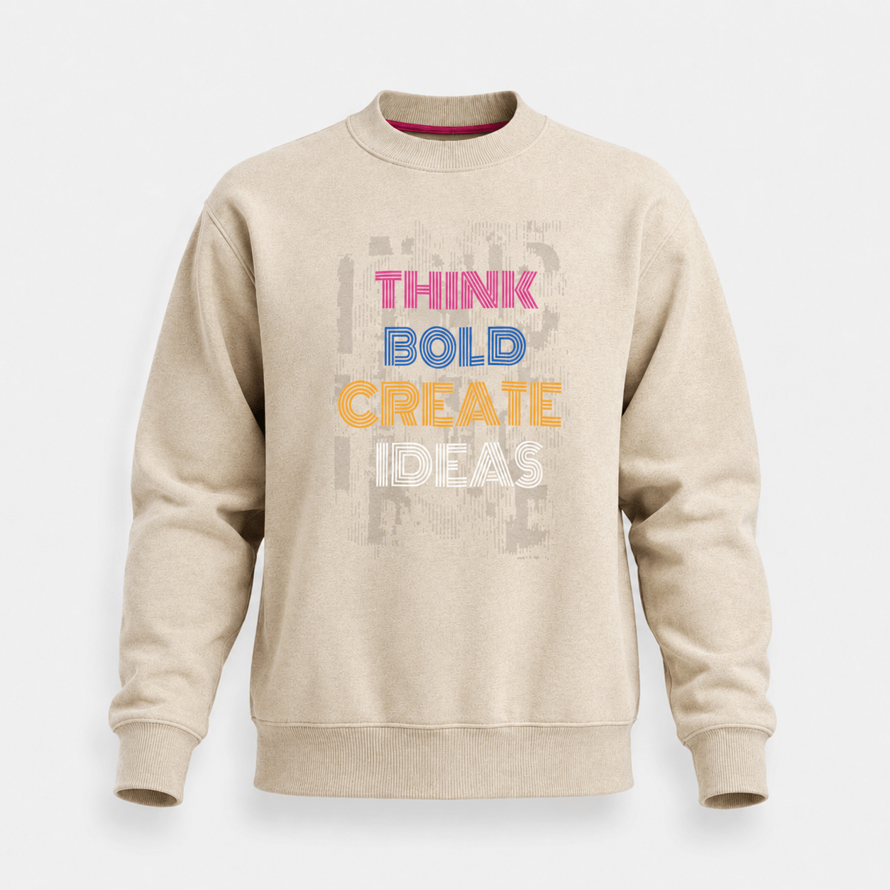 BC12925 men's Think Bold graphic crew neck sweatshirt in oatmeal beige, front view with ribbed collar, cuffs, hem, and colorful slogan print