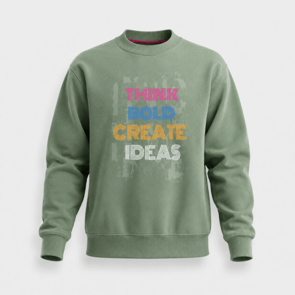 BC12925 men's Think Bold graphic crew neck sweatshirt in sage mist, front view with ribbed collar, cuffs, hem, and colorful slogan print