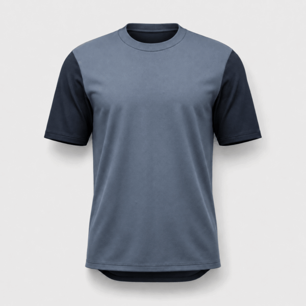 BC13615 men's color block performance T-shirt in steel blue and black, front view with ribbed crew neck and contrast short sleeves