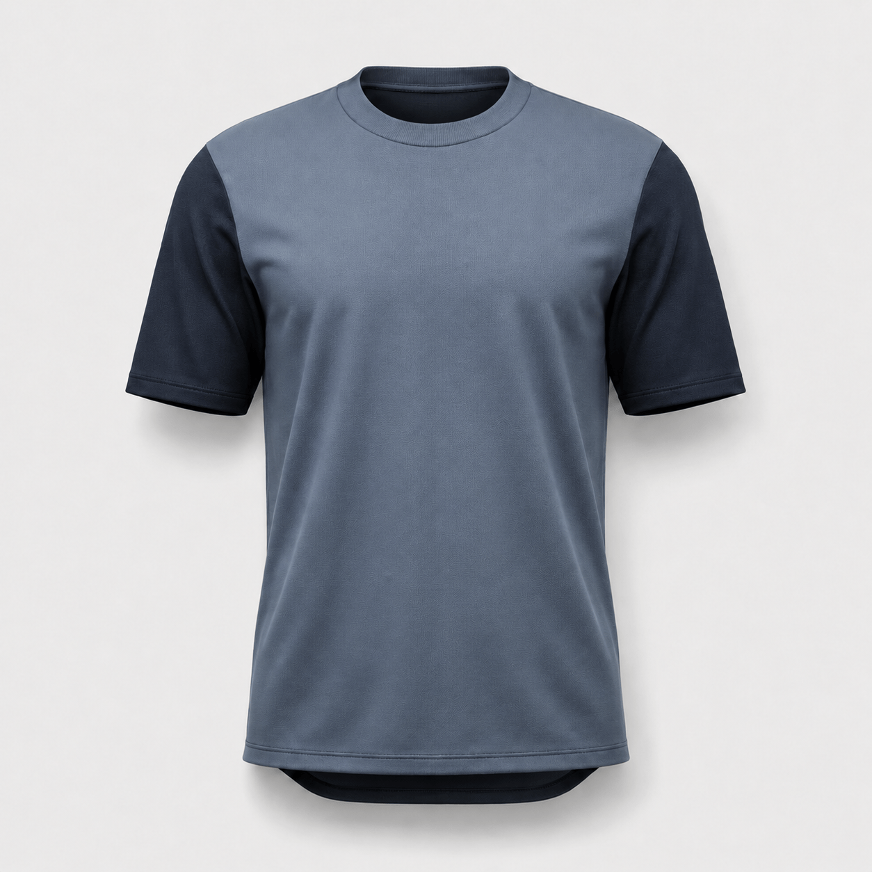 BC13615 men's color block performance T-shirt in steel blue and black, front view with ribbed crew neck and contrast short sleeves