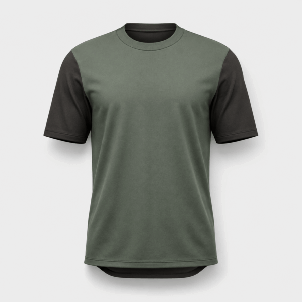 BC13615 men's color block performance T-shirt in olive green and black, front view with ribbed crew neck and contrast short sleeves