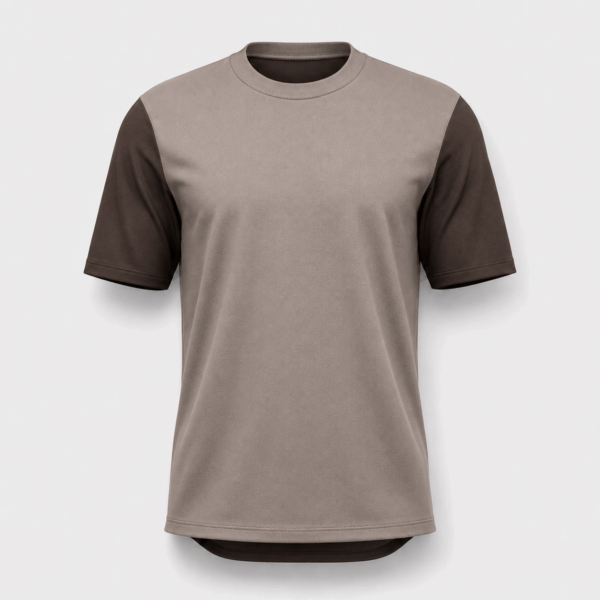 BC13615 men's color block performance T-shirt in mushroom taupe and dark brown, front view with ribbed crew neck and contrast short sleeves