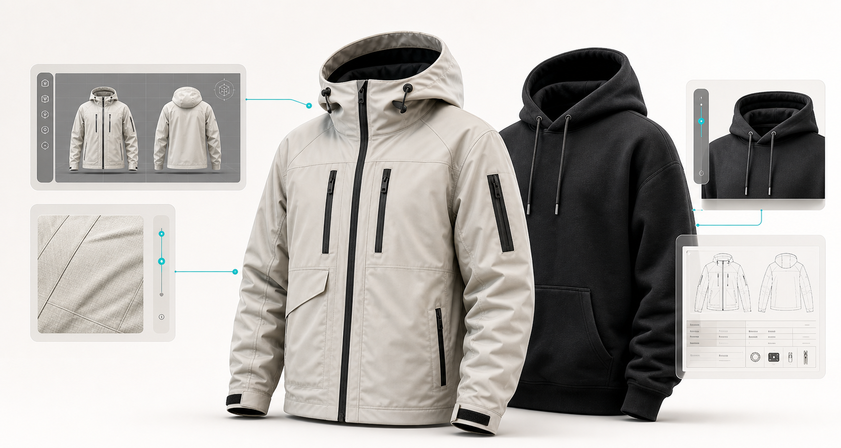 3D jacket and hoodie render with digital production workflow panels