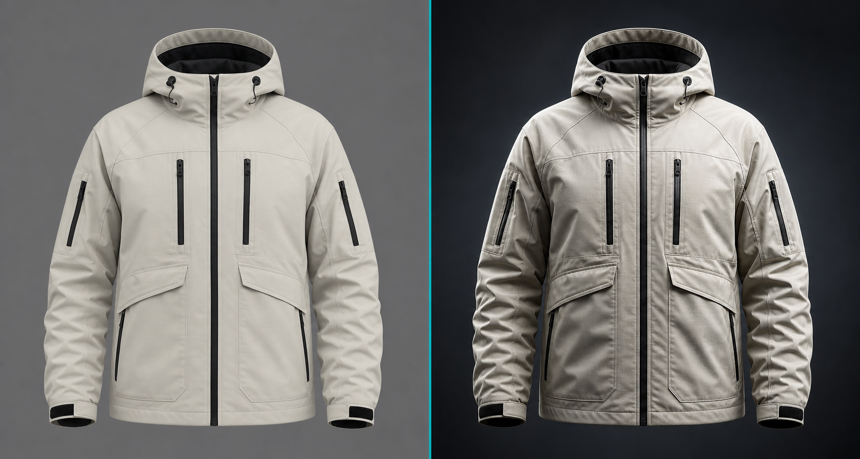 Before and after comparison of enhanced 3D apparel render quality